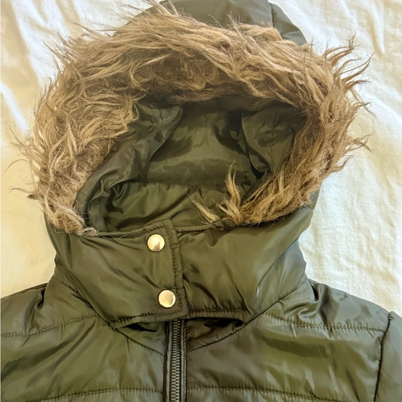 J2 Army Green Puffer Jacket XS Faux Fur Hood Bomber Style Winter Coat Y2K 90s - Picture 3 of 14